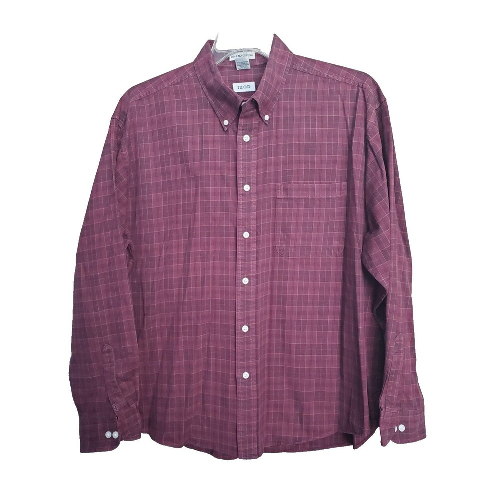 Izod Men's 80's 2 Ply Cotton Maroon Plaid Long Sleeve Button-Up Shirt Size XL